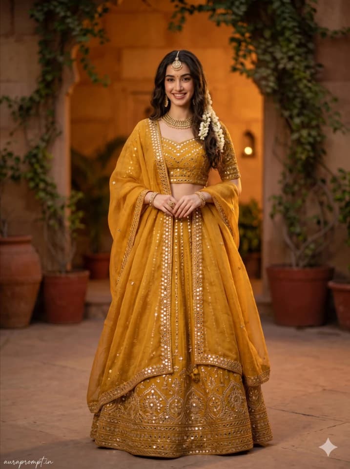 Mustard Yellow Lehenga in an Open Courtyard at Dusk